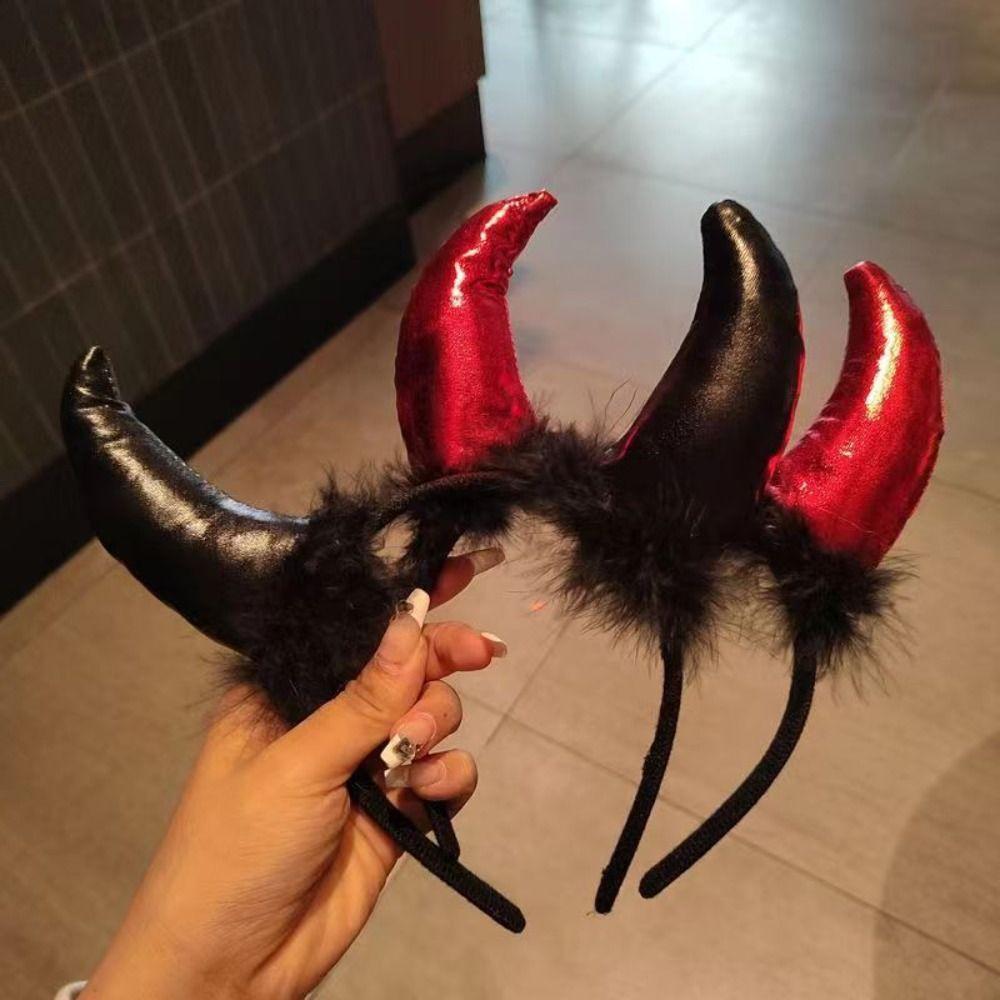 Cosplay Halloween Hair Band Black Feather Demon Hair Hoop Red Ox Horns Headband  Women Men