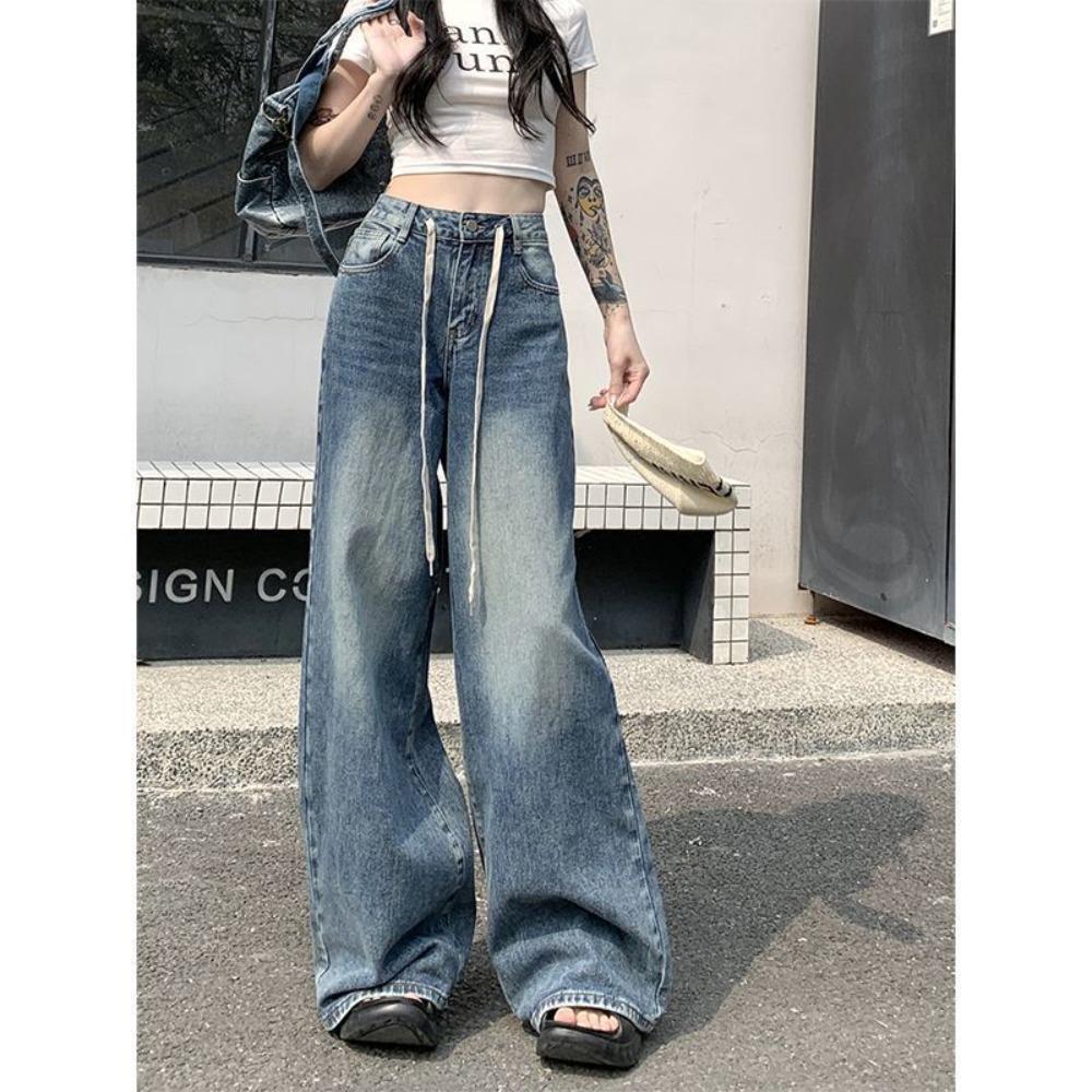 Women's Drawstring High Waist Wide Leg Jeans Loose Fit Retro Vintage Denim Pants Casual Street‑Style Trousers for Daily Wear