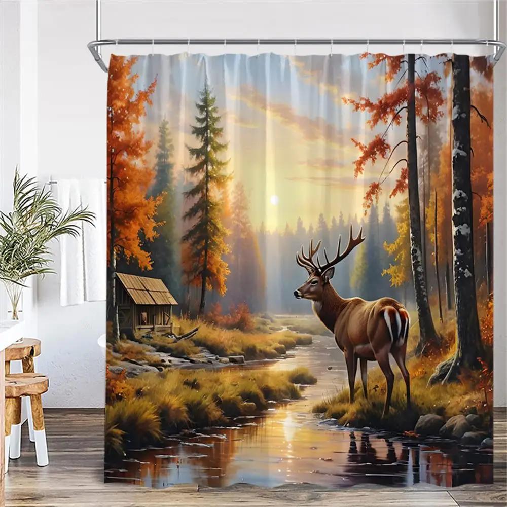 Autumn Forest Landscape Shower Curtains Red Maple Trees Waterfall Log Cabin Bear Fall Scenery Fabric Home Bathroom Curtain Decor
