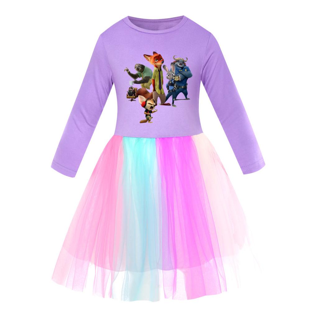 Rochie Casual din Bumbac cu Mâneci Scurte pentru Fete, cu Imprimeu Vulpe Iepure, Plasă Curcubeu, Gât Rotund