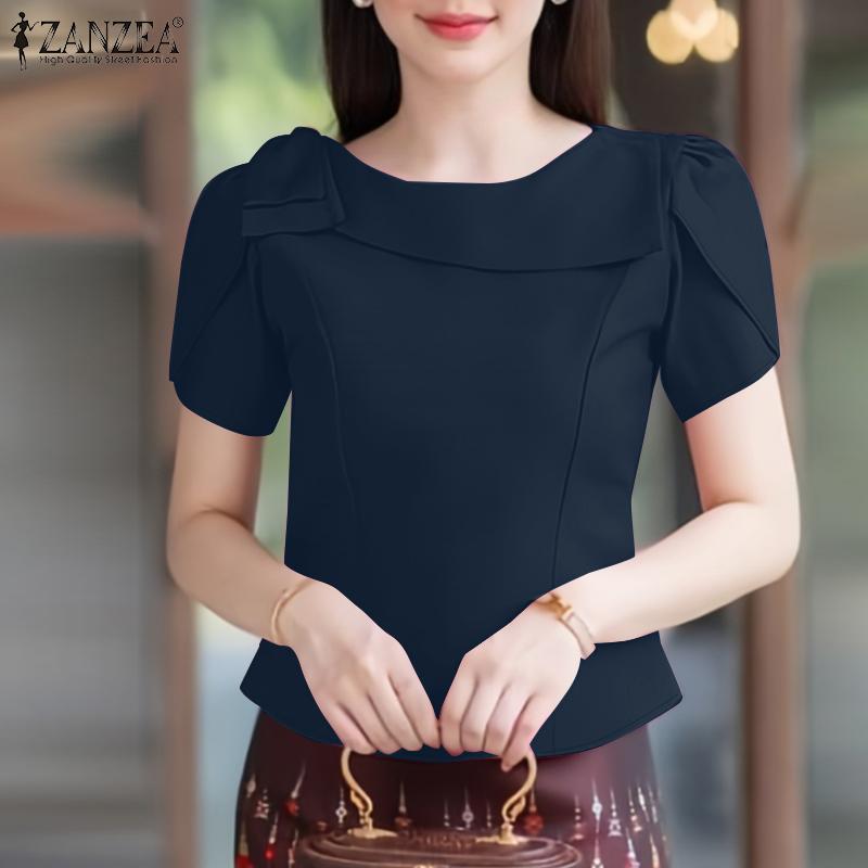 ZANZEA Damen Casual O-Ausschnitt Kurzarm Bluse mit Reißverschluss hinten