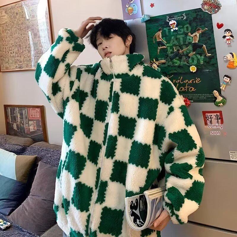 2025 Men's Korean Style Checkered Lambswool Coat for Autumn/Winter: Loose, Versatile, High-End Warmth