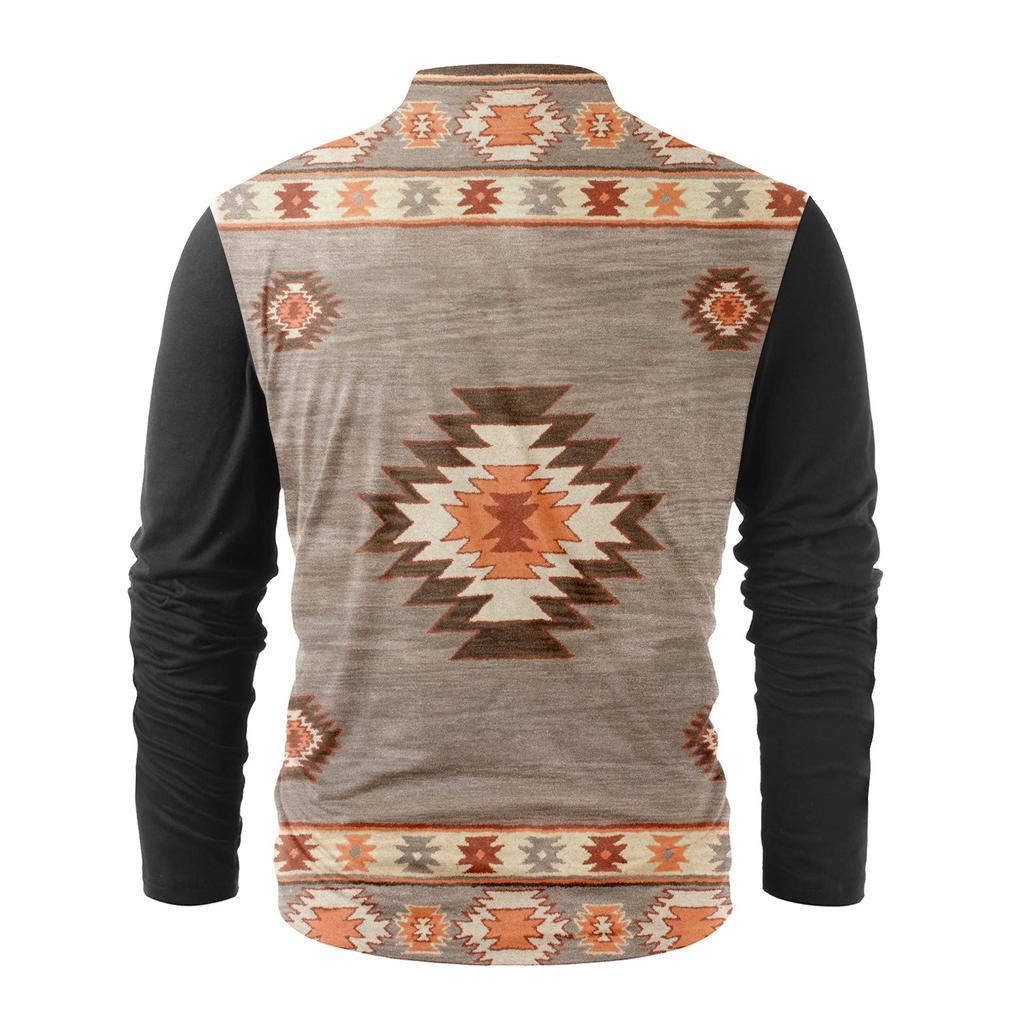 Men's Fashion Casual Printed Long Sleeve Bandage Retro Shirt Top Blouse