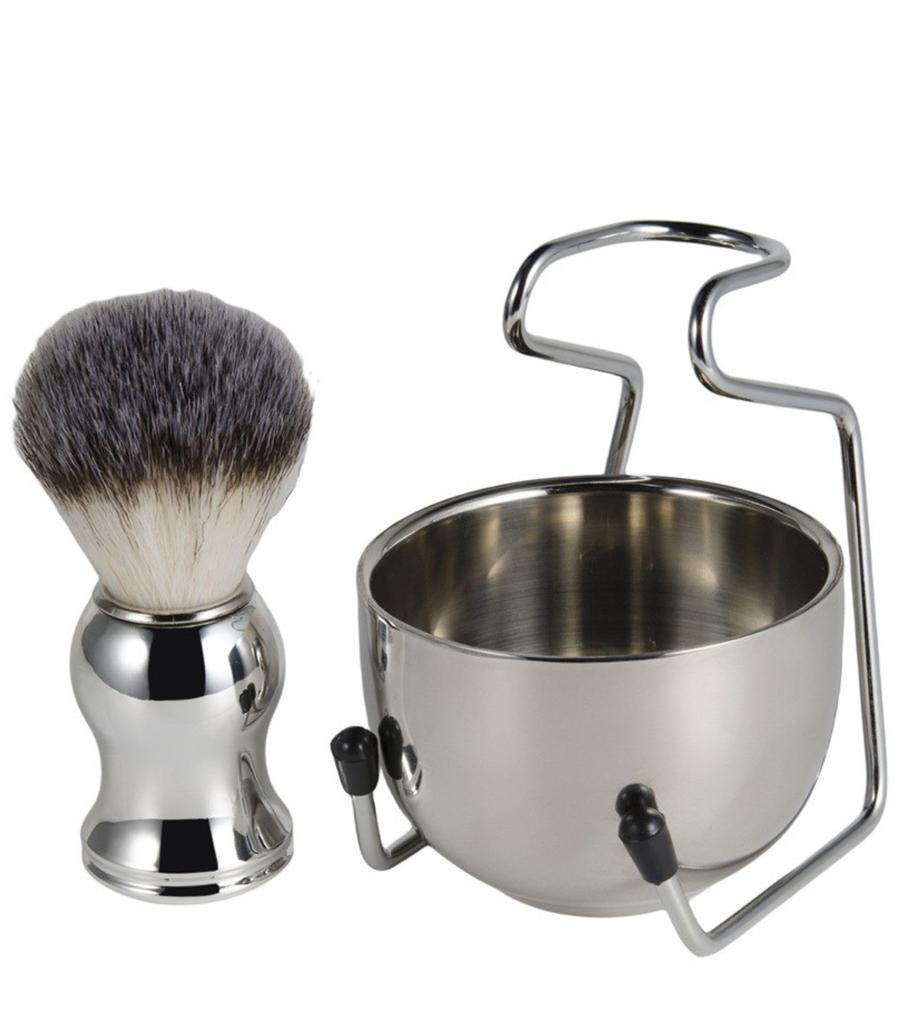 Cobalt Planet Men's Shaving Brush Set, Odorless Nylon Bristles, Brush, Stand, and Soap Bowl (Mirror Finish, 3-Piece Set)