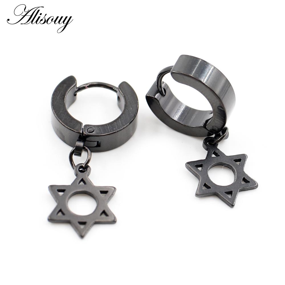 Alisouy 2PCS Stainless Steel Star Cross Snake Spike Skull Sword Blade Chain Feather Spider Dangle Women Men Huggie Hoop Earrings