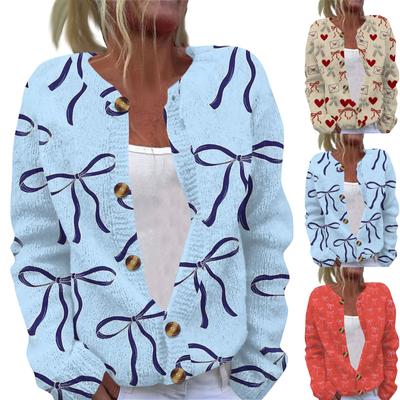 Women's Fashion Bow Print Long Sleeve Knitted Cardigan Button Down Jacket