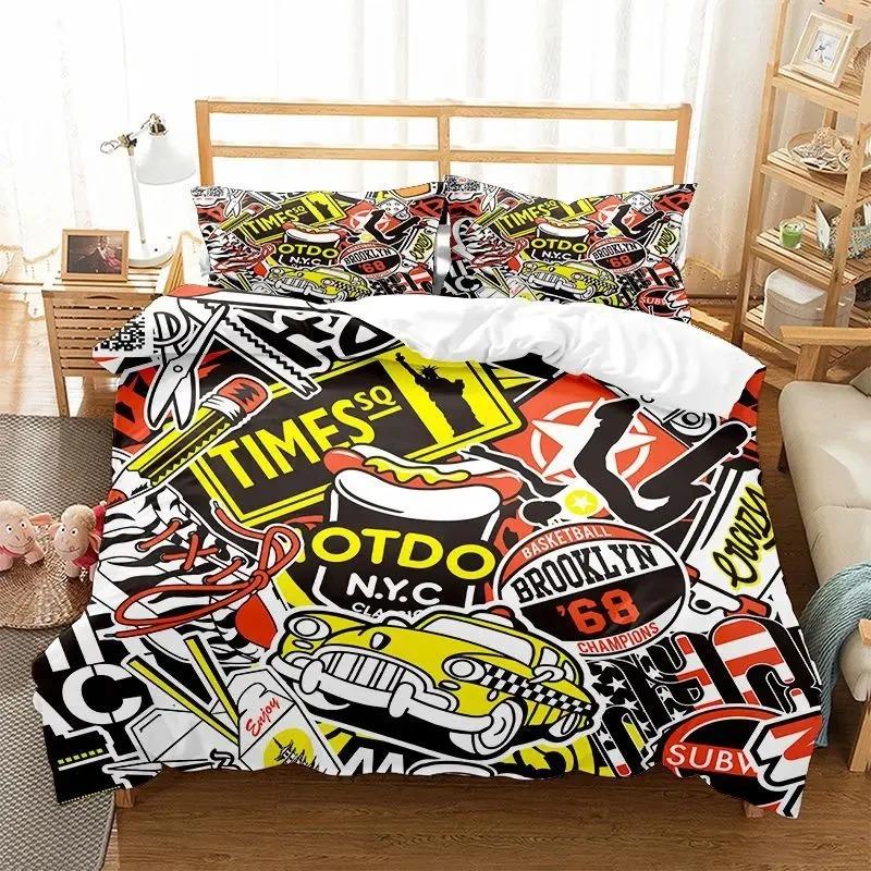 Hippie Graffiti Duvet Cover Set King Queen Size for Boys Youth Polyester Comforter Cover Modern Street Art Bedspread Cover