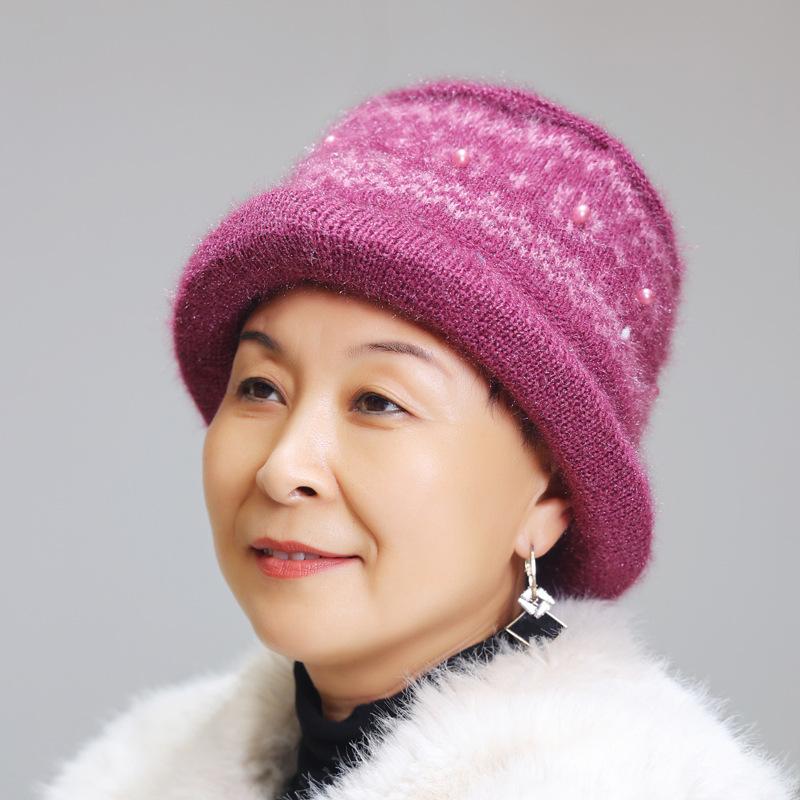 Winter new middle-aged and elderly hats women's knitted ear protectors handmade wool hats, plush warm mother cold-proof hats
