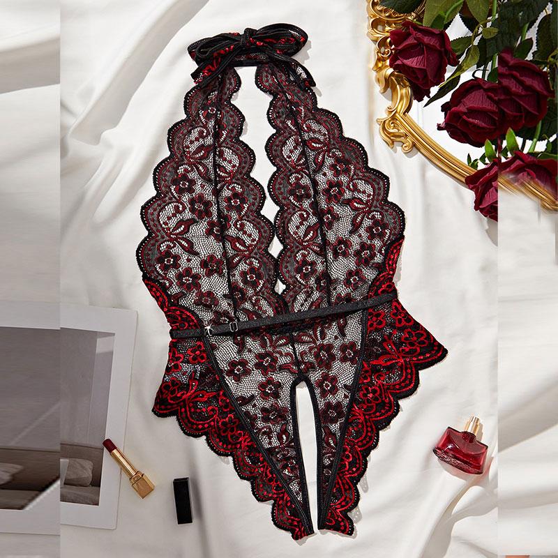 One-piece Porn Lingerie Transparent Hollow Crotchless Bodysuit  Erotic Costume Women's Lace Deep V Bra Open Sexy Underwear Set