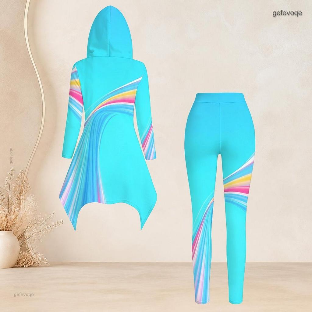 Women Plus Size Hooded Long Sleeve High Low Printed Top Fitted Pants Two Piece Set