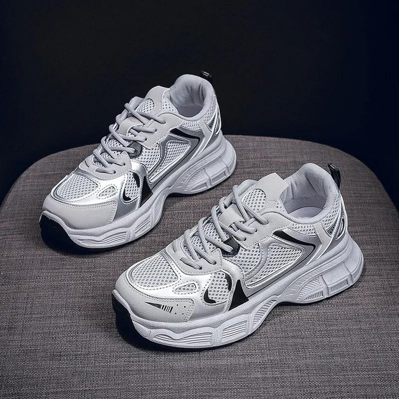 Fashion Chunky Platform Sneakers for Women Spring Breathable Mesh Thick Bottom Vulcanized Shoes Woman Casual Lace Up Sports Running Shoe