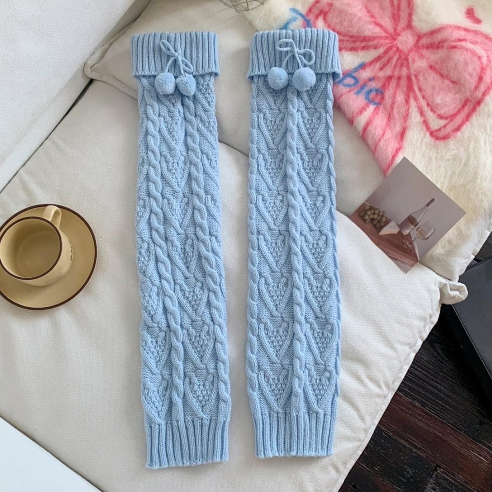 

Pom Pom Over Knee Socks Heart Knitted Thickened Japanese JK Autumn Winter High Tube Leg Warmers Soft Warm Comfortable Leg Socks One Size