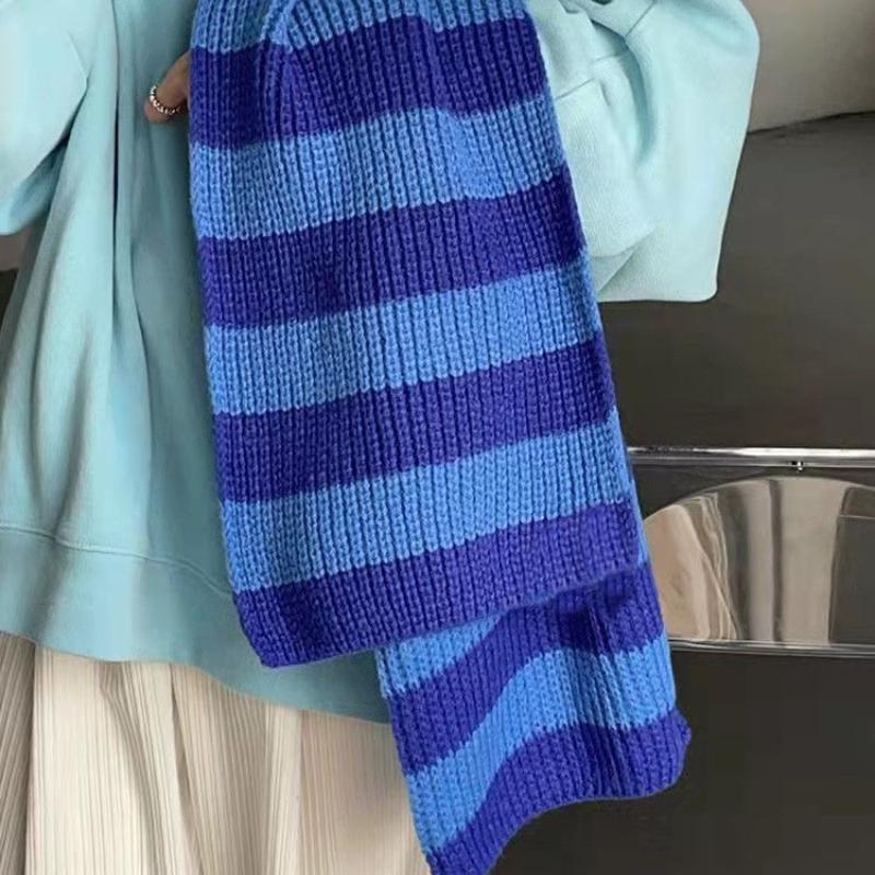 Student Women's Blue Striped Knitted Wool Scarf Korean Style Winter Warm Neck Warmer