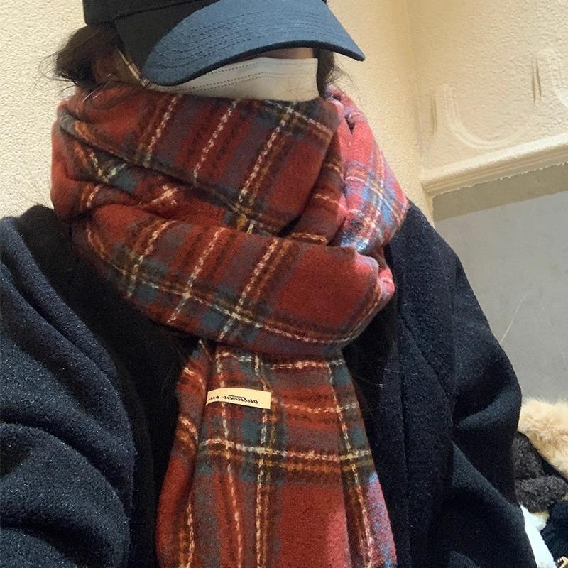 Premium Sense Red Plaid Scarf Women's Autumn and Winter New Korean Atmosphere Versatile Thickened Warm Scarf