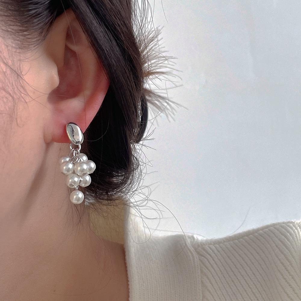 Korea-Inspired Grape Cluster Pearl Tassel Earrings with S925 Silver for Women