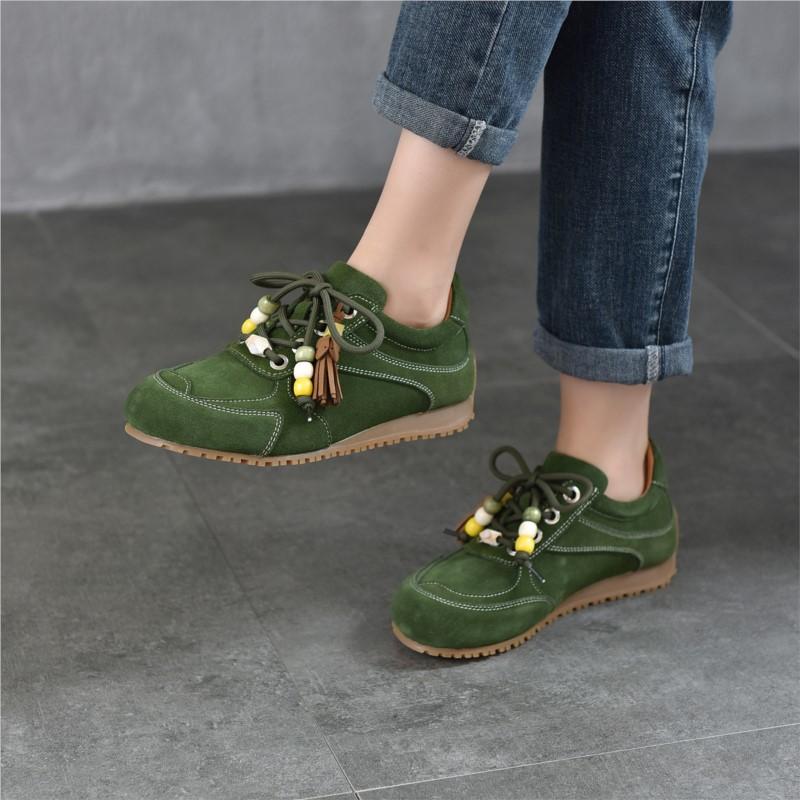Johnature Retro Flats With Beaded Genuine Leather Lace-up Soft Soled Lightweight Women's Shoes