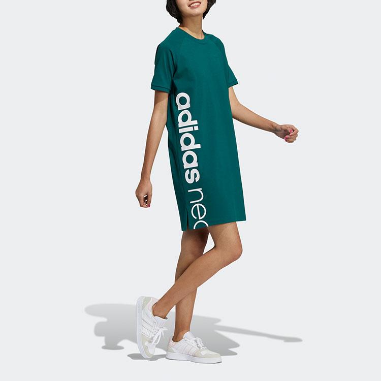 Adidas Neo Color Block Logo Print Sports Round Neck Short Sleeve Dress Women Dresses Forest-Green H61975