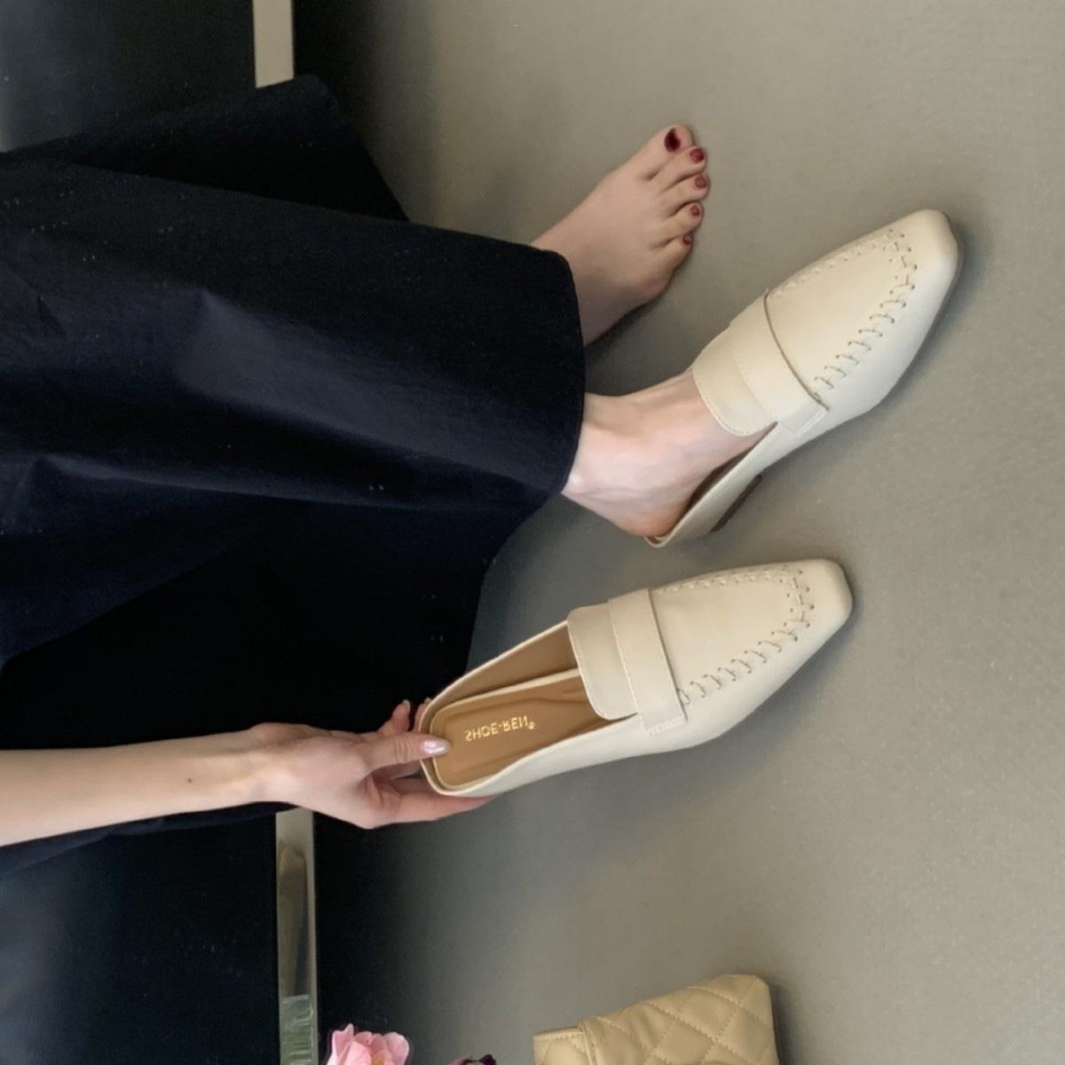 French Retro Square Head Mary Jane Bag Head Half Slippers Women S Spring And Summer Heightening Buckle Temperament Single Shoes 35