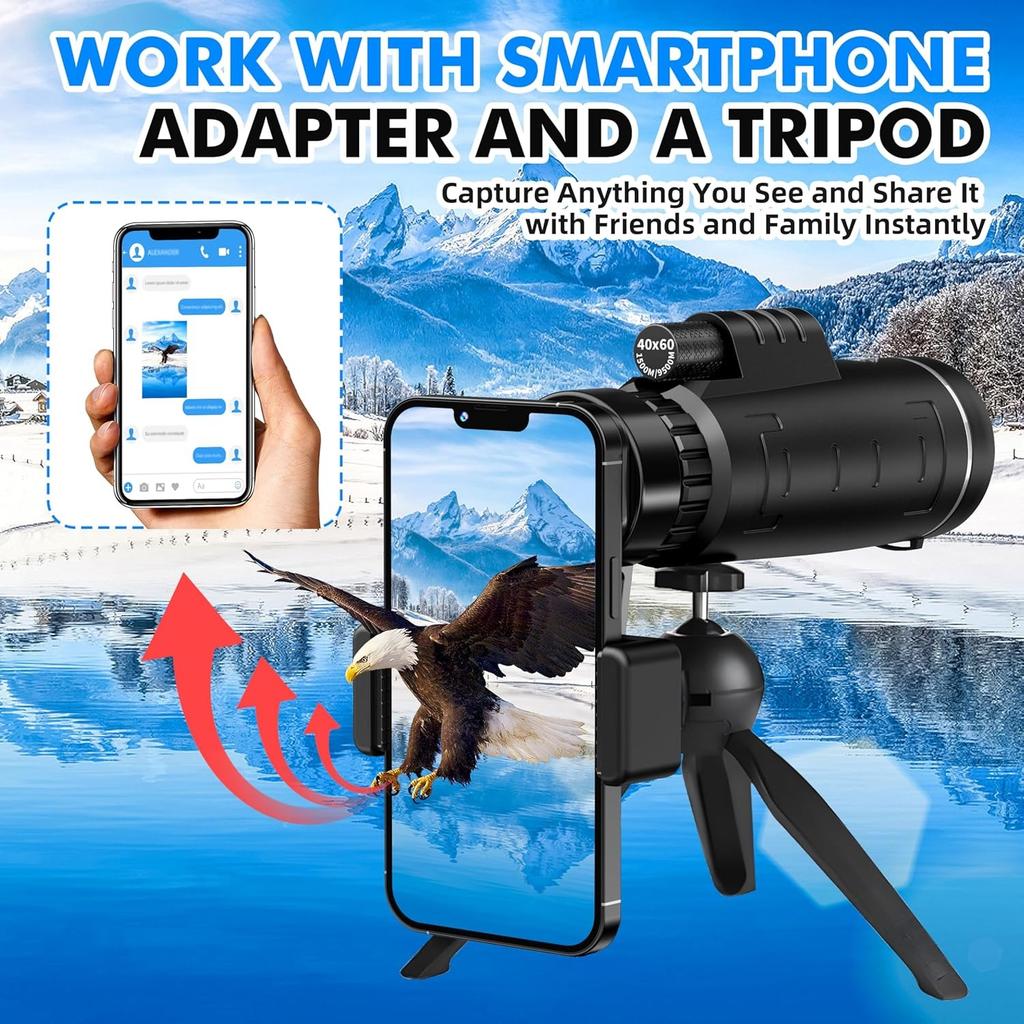 40x60 Monocular Telescope with Smartphone Adapter and Telescope Case High Powered Monocular, Compact Monocular for Wildlife, Hunting, Camping, Travel