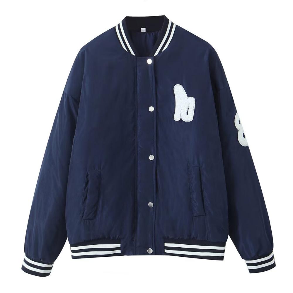 

2024 Женская осенне-зимняя толстая теплая свободная бейсбольная куртка с буквенным принтом Large темно-синий