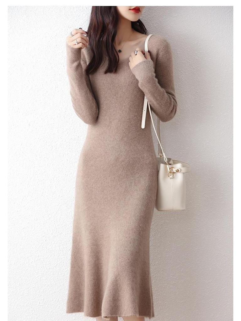 V-Neck Wool-Cashmere Sweater Dress for Women - Slim Fit, Mid-Length, Over-the-Knee, Autumn/Winter Style
