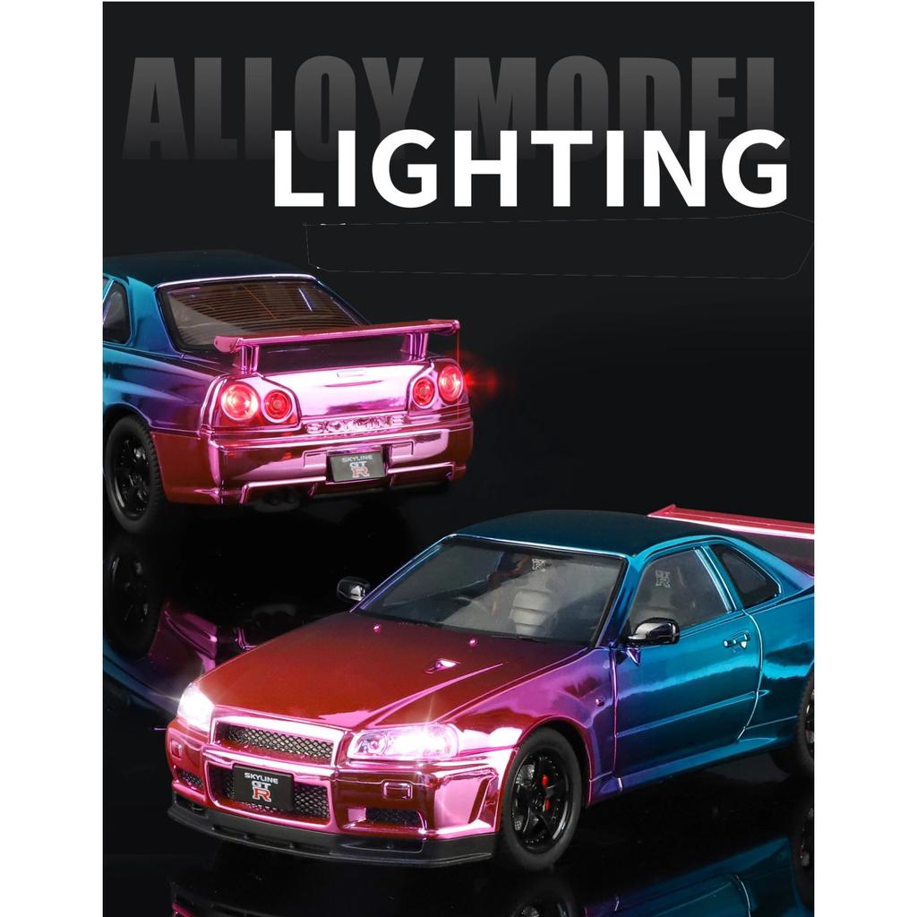 1/24 Nissan Skyline GT-R GTR R34 Alloy Electroplated Sports Car Model Diecast Metal Racing Car Vehicles Model Sound Light Kids Toy Gift