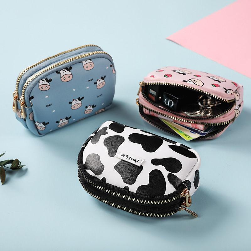 Cute Cow Pattern Coin Purse for Women Card Wallet Students Double Pocket Zipper Key Bag Portable Lipstick Bank Card Bag