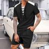 Men's Summer Lace-Up T-Shirt Shorts Set Casual Contrast Shoulder Two-Piece Outfit