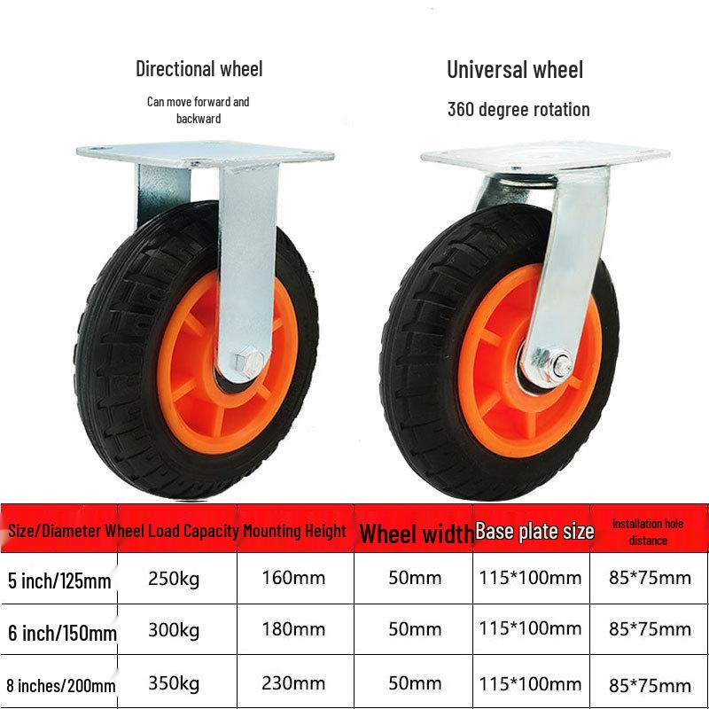 5" Solid Rubber Flat Cart Caster, 6" Industrial Caster, 8" Directional Movable Heavy Duty Load Bearing