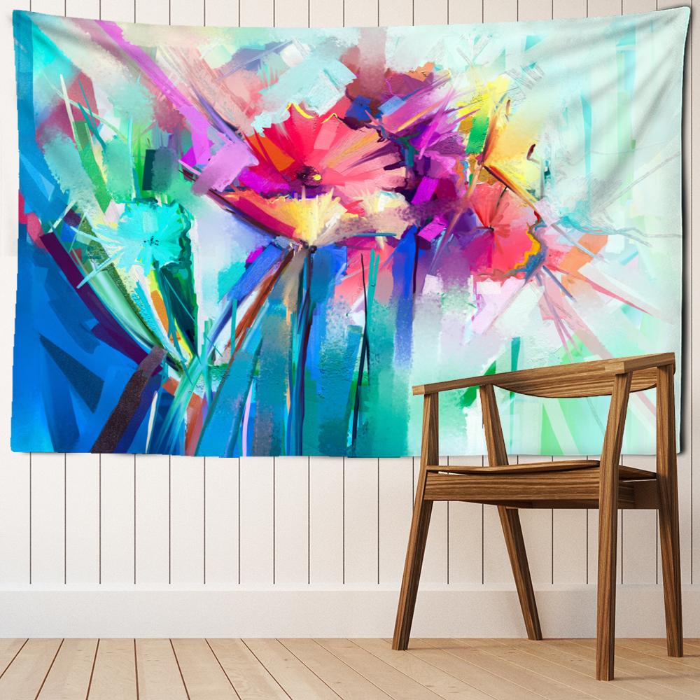 Blue Flower Oil Painting Tapestry Wall Hanging Hippie Tapez Simple Art Living Room Aesthetic Room Decor