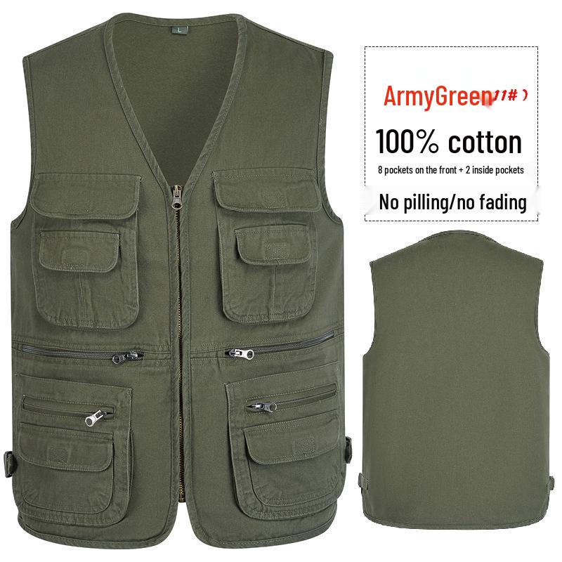 Men's Army Green Multi-Pocket Cotton Tank Top, Plus Size 10XL, Spring/Autumn Wear