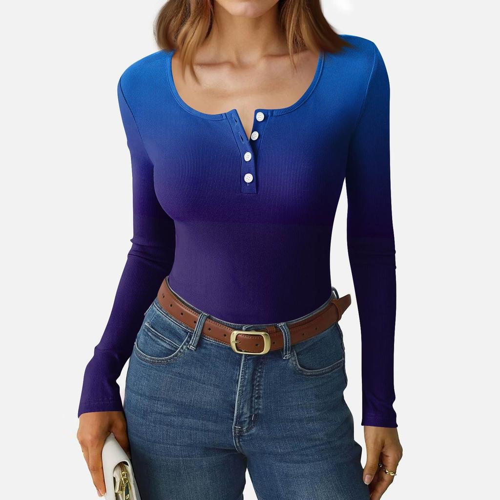 Dámské tričko s úzkým spodním lemem Módní ležérní s gradientním potiskem Kulatý výstřih Pulovr Dlouhý rukáv Top