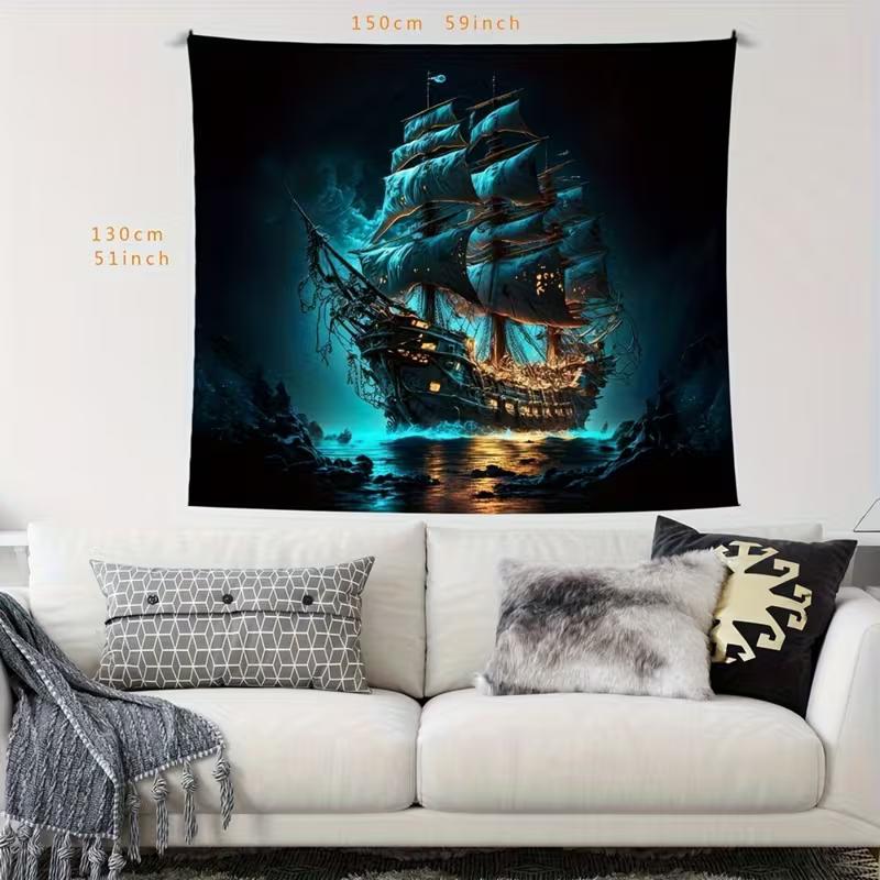 2D Nautical Gothic Tapestry, Haunted Pirate Ship for Room & Party Decor