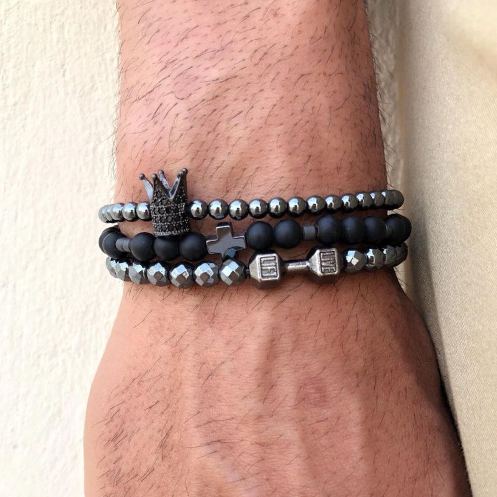 Cross Men's Multi-layer Bracelet Set: Black Gallstone, Volcanic Stone, Wood Beads. Elastic Jewelry.