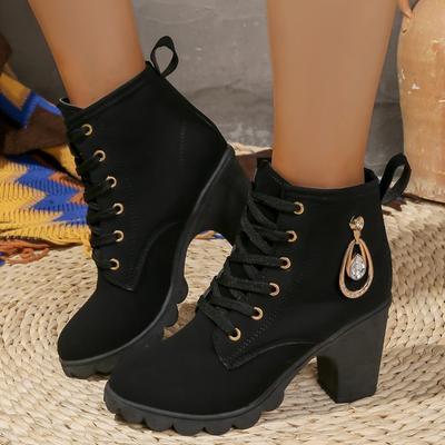 Autumn and Winter New Large-size Women's Boots Fashion Rhinestone High-heeled Round Head Lace-up Thick-heeled Fashion Boots