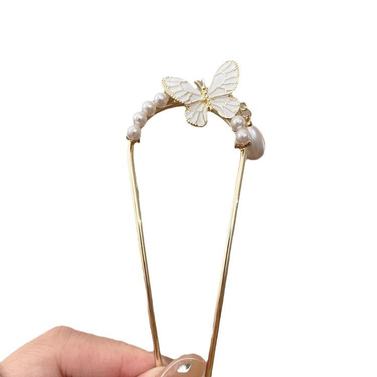 Gentle Butterfly Pearl Glaze Chinese U-Shaped Hairpin for Daily Wear