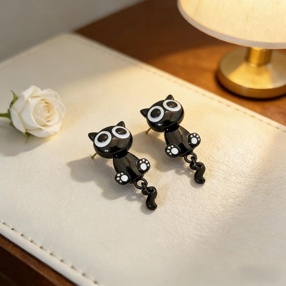 Alloy Black Cat Drop Earrings Cute Cartoon Style Light Luxury Earrings For Girl Women чёрный
