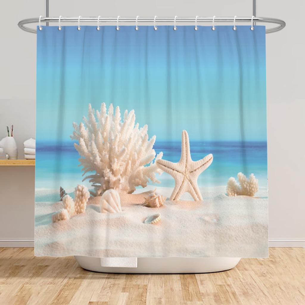 Beach Vacation Shower Curtain Tropical Palm Trees Ocean Waves Starfish Sandy Shore Pattern Waterproof Polyester Bathroom Decor