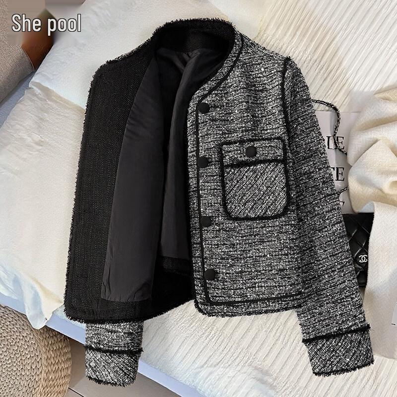 

Women s Wool Blend Round Neck Tweed Short Jacket L