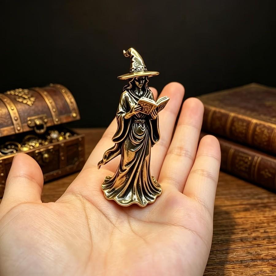 Witch Figurine with Broom Desktop Copper Plated Ornament Craft