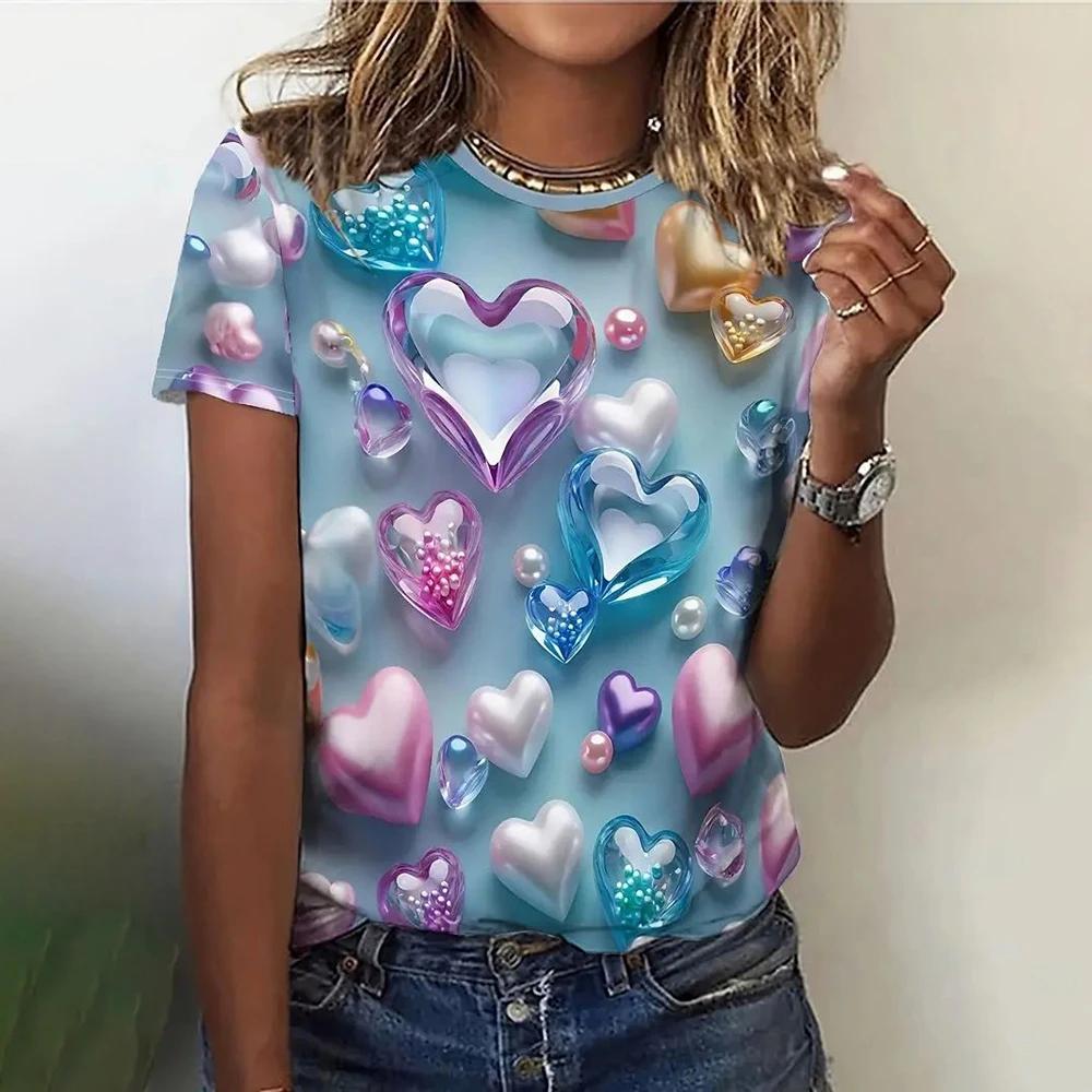 Love Heart Rainbow 3D Printed Women's T-shirt Summer Round Neck Short Sleeve T-shirt Y2K Harajuku Style T-shirt Women's Wear