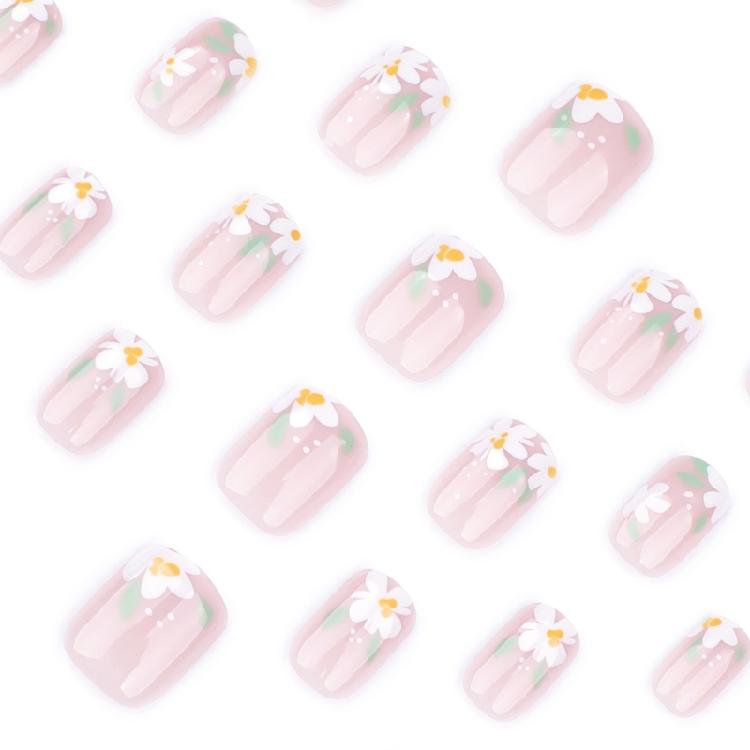 24 Pcs Short Square Press On Nail Flowers False Nail Sweet Acrylic Nail Glossy Full Cover Stick On Nail for Woman