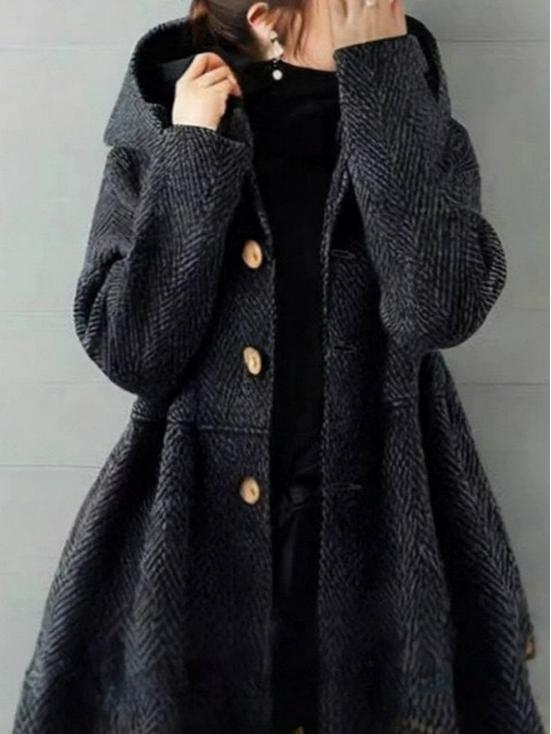 Women s Japanese-Korean Buttoned Herringbone Wool Hooded Coat Medium