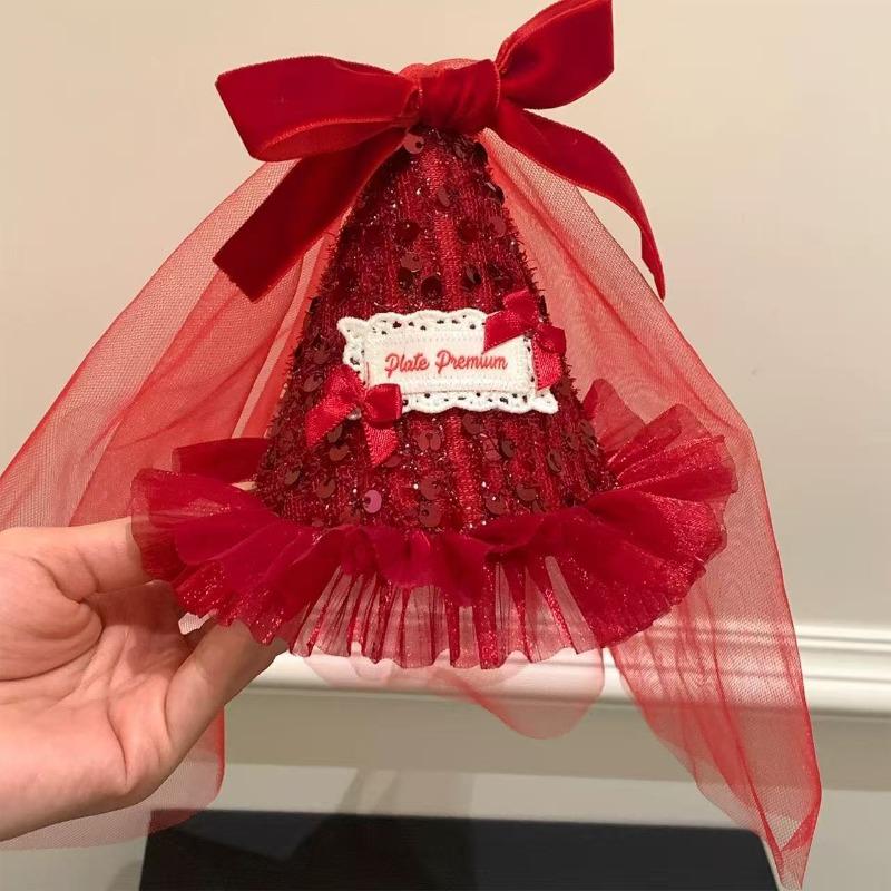 Sweet Netted Ribbon Bow Sequin Hat Hairpin, Quirky Atmosphere-themed Duckbill Hairpin Hair Accessory