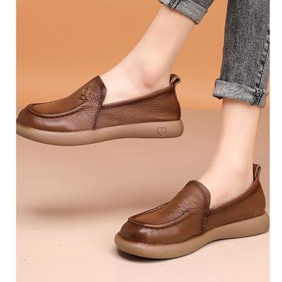 Spring and Autumn Women's Leisure Versatile Loafers Leather Solid Color Round Toe Soft Sole Slip-on Shoes
