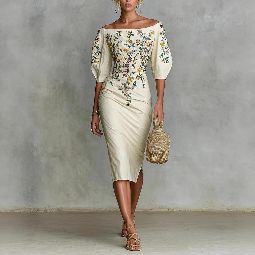 Elegant One-Shoulder Dress with Five-Point Sleeves and Slim-Fit Waist - 2025 European & American Style