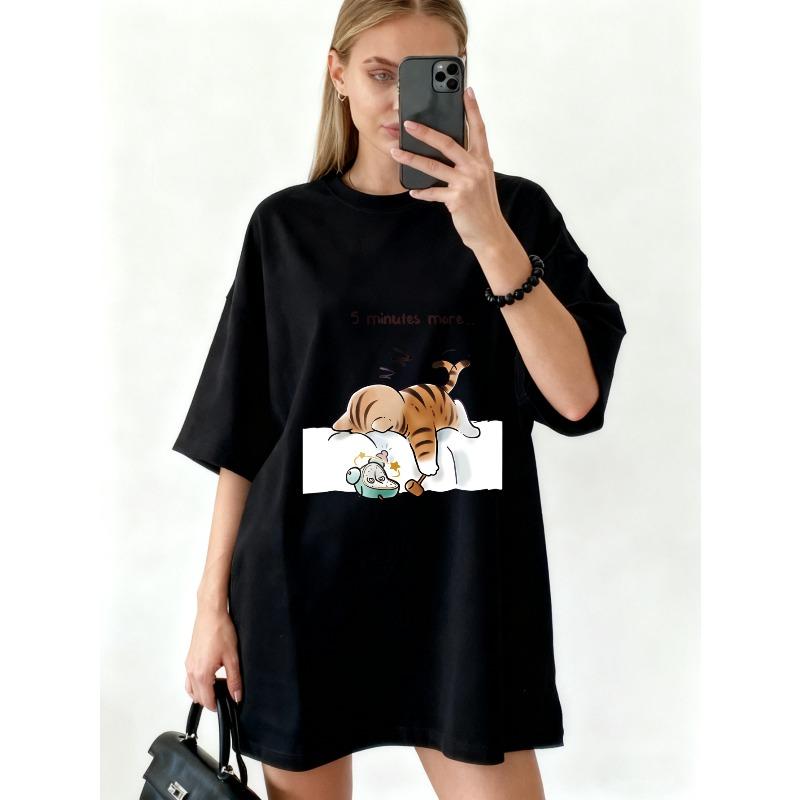 

Oversized T Shirt Black Sleeping Tiger And Mouse Print With Text 5 Months More Casual Wear For Women S чёрный