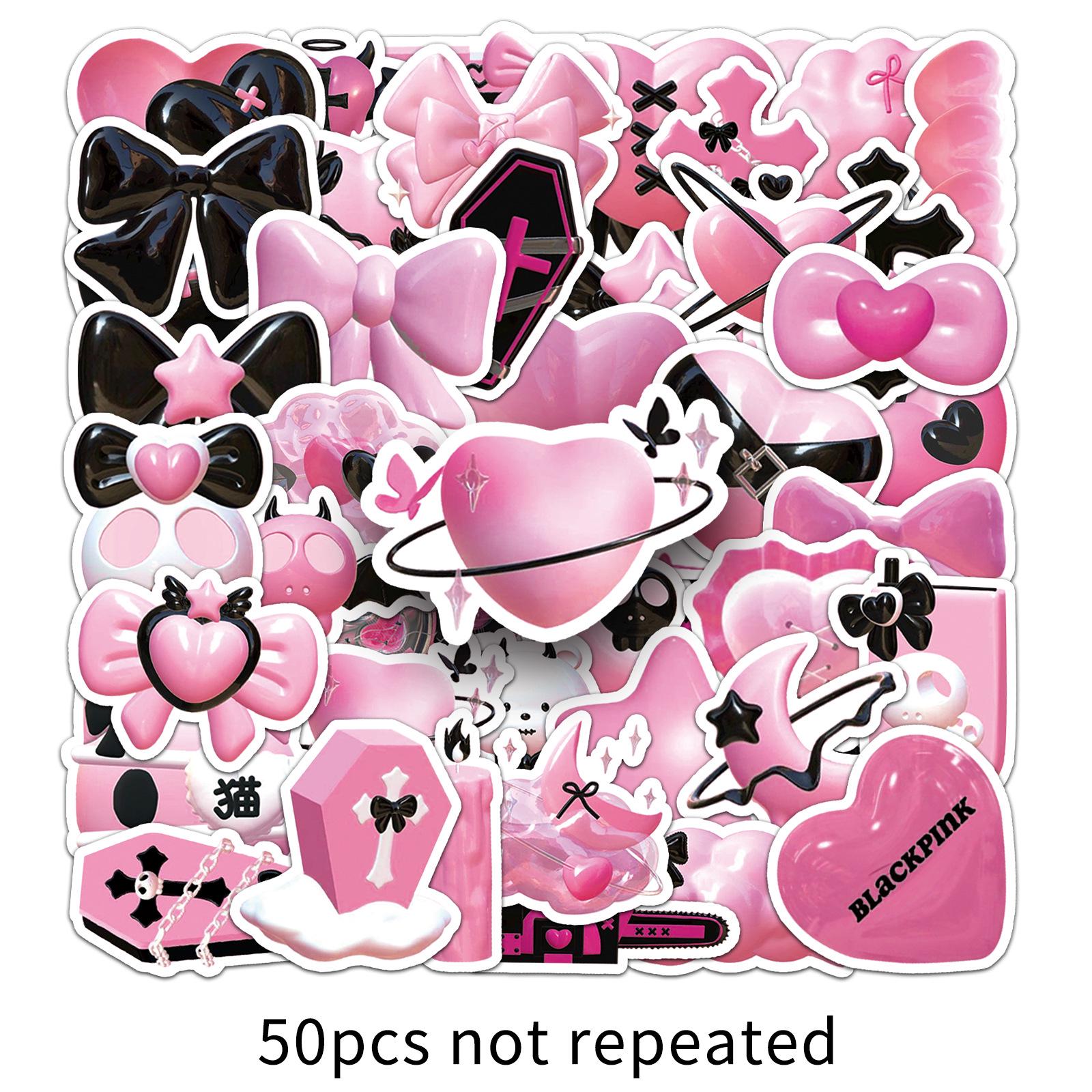 3D Black Pink INS Style Stickers: 50 Sheets of Cartoon Color Small Stickers for Suitcase Decoration
