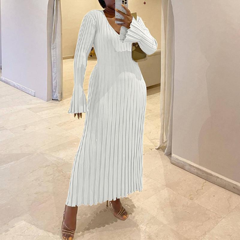 YYFS Women's Fashion Fall Winter Solid Color Print Long Sleeve V-Neck High Waist Women's Clothing Woolen Knitwear Casual Dresses
