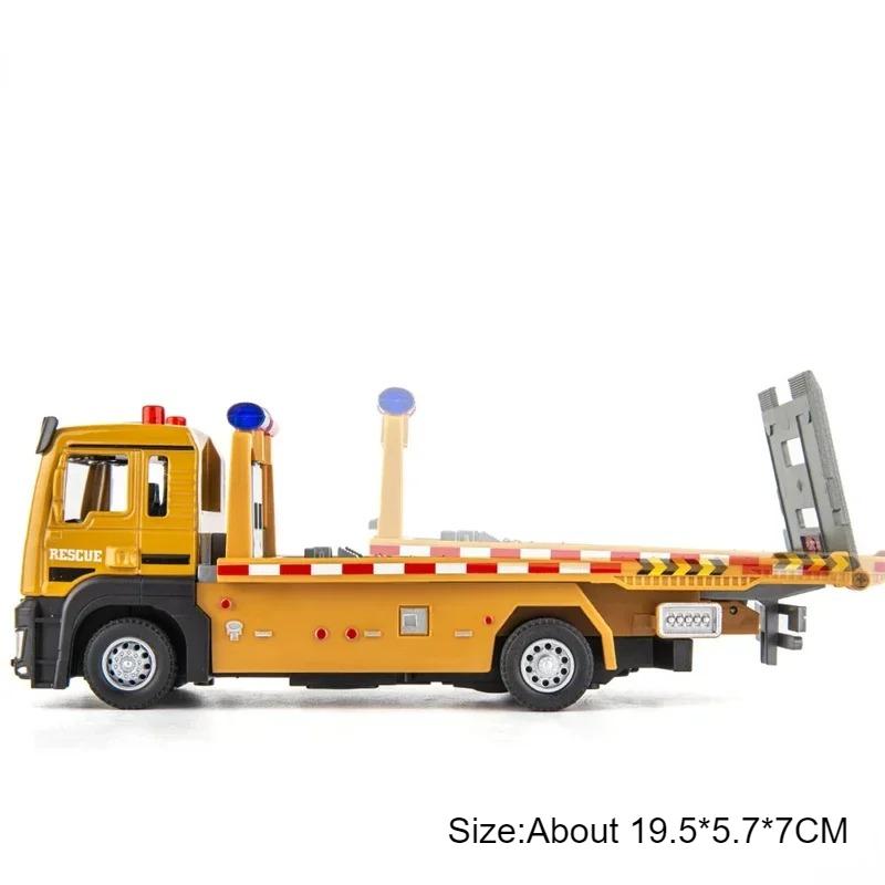 1:32 Rescue Car Flat Trailer Model Toy Alloy Diecast Doors Opened Miniature Engineering Vehicle Models Sound Light Toys for Kids
